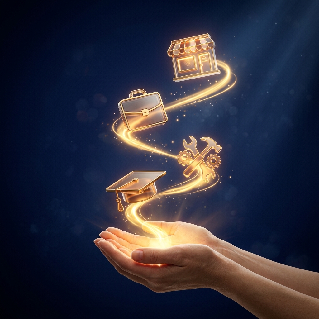 Golden light transforming into education, skills, jobs and business